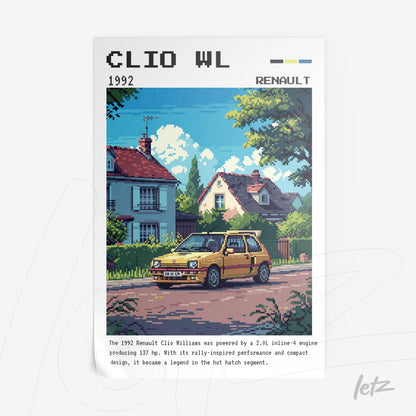 ilustração em estilo pixel art de um Renault Clio Williams amarelo estacionado em uma rua com casas típicas ao fundo, data 1992 na parte superior