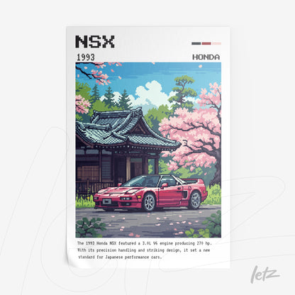 quadro com arte em pixel de um carro Honda NSX vermelho em frente a um templo japonês entre árvores de cerejeira