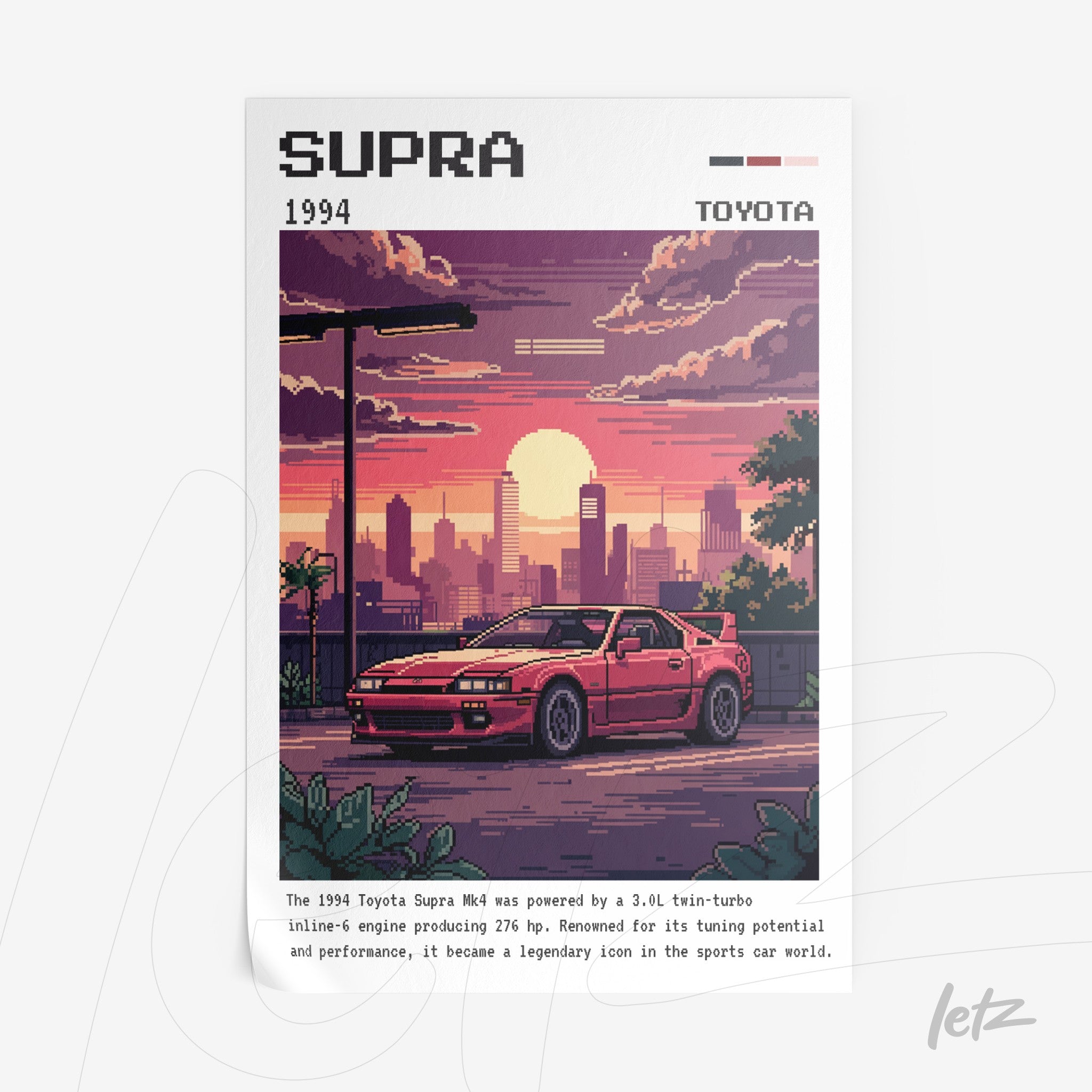quadro com arte pixelada do carro Toyota Supra de 1994 em uma paisagem urbana estilizada