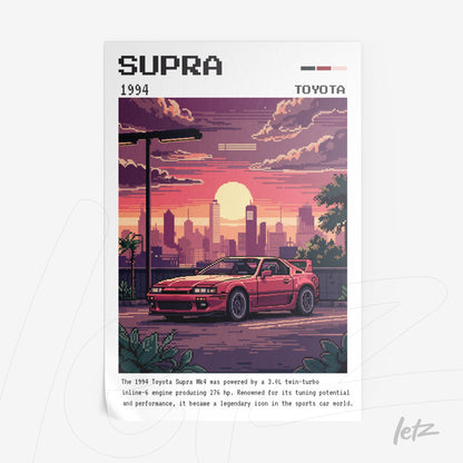 quadro com arte pixelada do carro Toyota Supra de 1994 em uma paisagem urbana estilizada