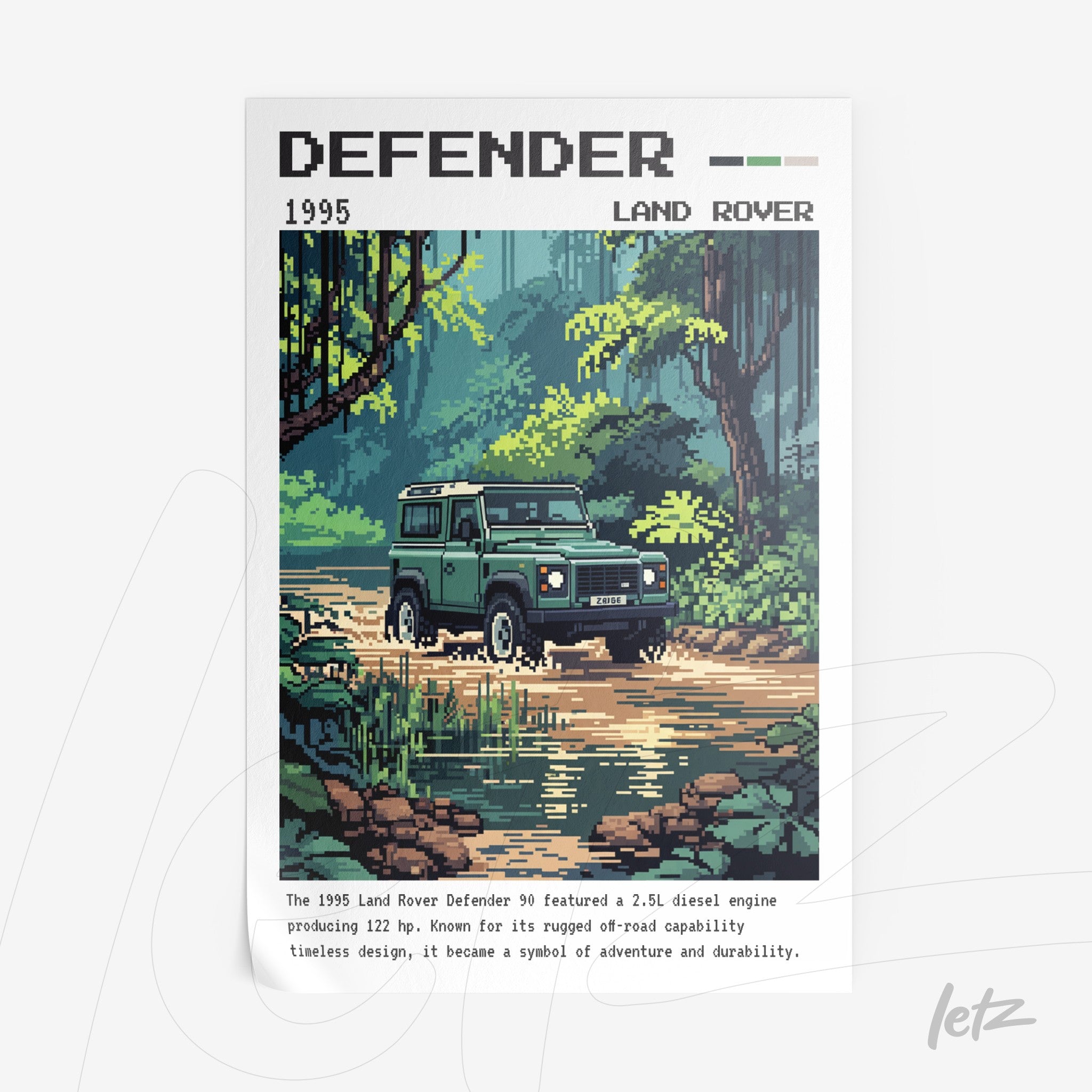quadro com arte em pixel art do Land Rover Defender 1995 sobre fundo natural com vegetação e rio