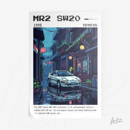 quadro com arte pixelada de um carro esportivo Toyota SW20 em uma rua molhada, com lanternas e prédios de estilo japonês ao fundo
