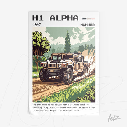 quadro com arte pixelada de um Hummer H1 de 1997 em uma estrada rural