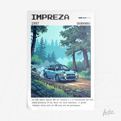 quadro com arte pixelada do Subaru Impreza WRX STI em uma paisagem de floresta
