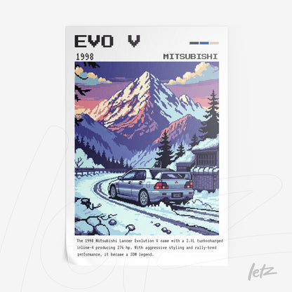 quadro com arte retrô do Mitsubishi Lancer Evolution V em uma pista de montanha com fundo nevado