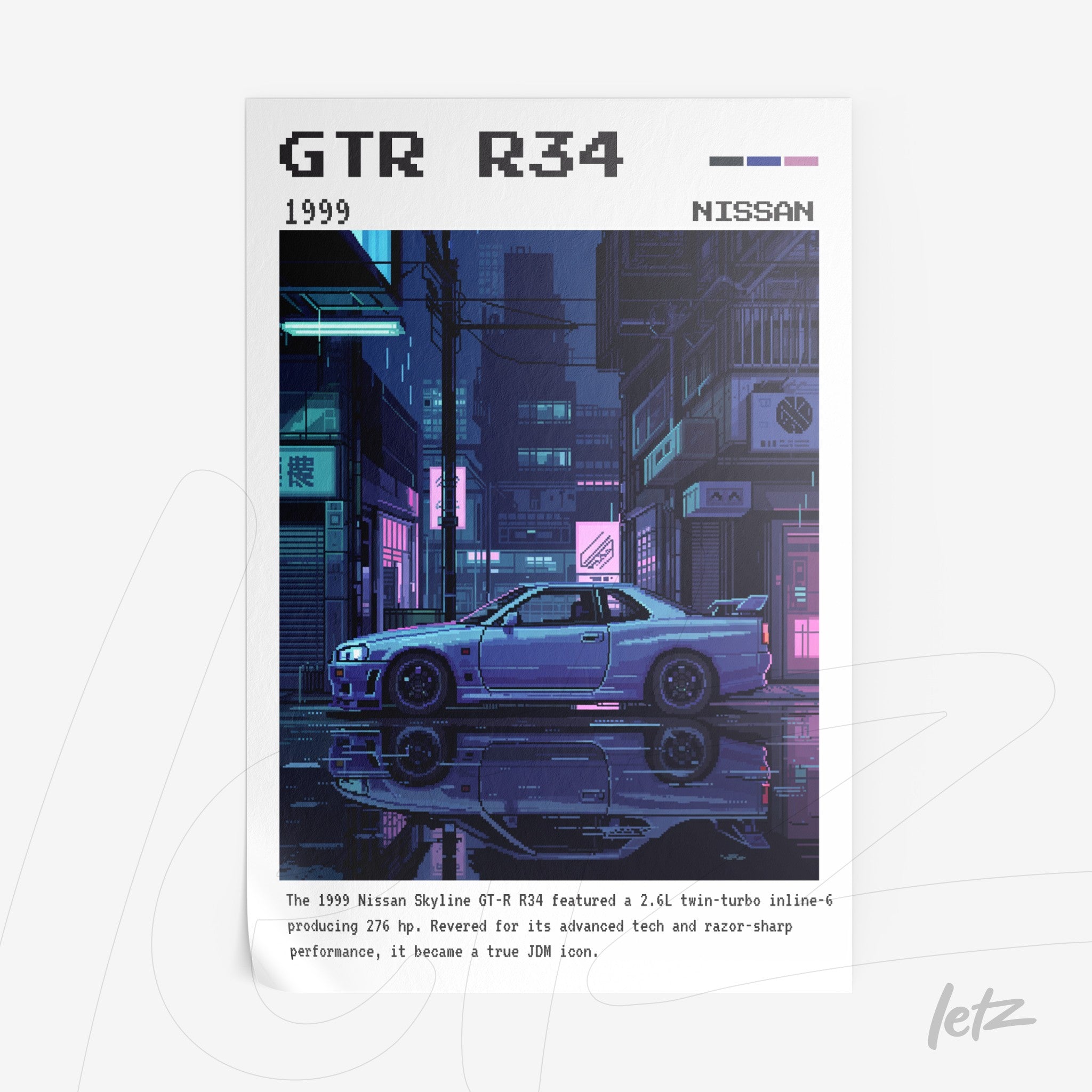 arte digital de carro esportivo Nissan Skyline GT-R R34 em estilo pixel art com fundo urbano iluminado à noite