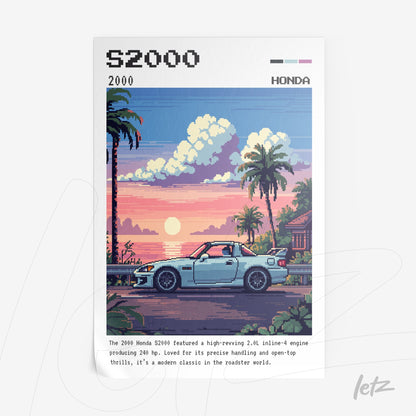 ilustração de carro esportivo Honda S2000 em estilo pixel art, com palmeiras e pôr do sol ao fundo