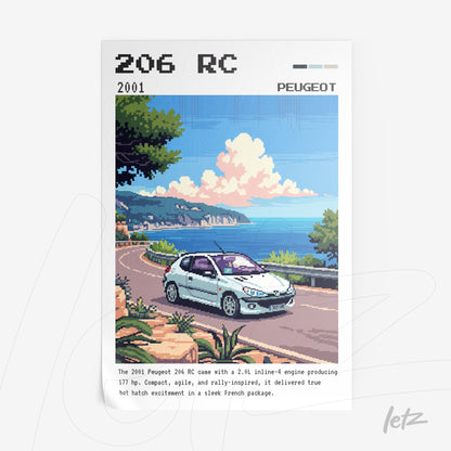quadro com arte pixelada de um Peugeot 206 RC em um cenário de estrada costeira