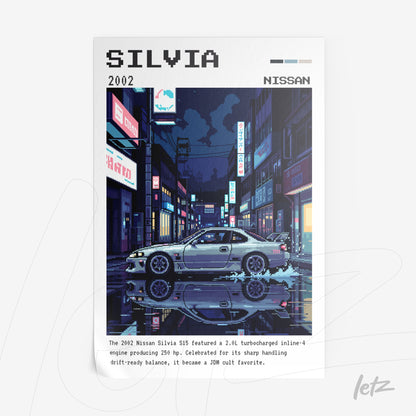quadro com arte pixelada de um carro Nissan Silvia em uma cena noturna urbana, exibindo luzes de neon e reflexos na calçada