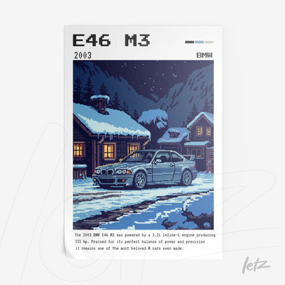 quadro com arte em pixel do carro BMW E46 M3 em uma cena noturna com casas de madeira cobertas de neve