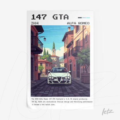 ilustração digital de um carro Alfa Romeo 147 GTA em pixel art, com fundo de vila italiana e texto informativo na parte inferior