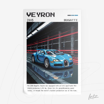 quadro com ilustração pixelada do carro Bugatti Veyron em fundo escuro