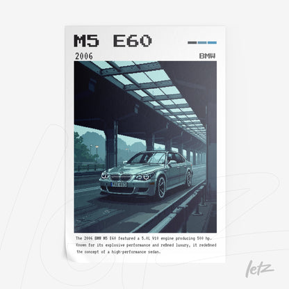 arte digital de carro BMW M5 E60 em estilo pixel art com fundo urbano