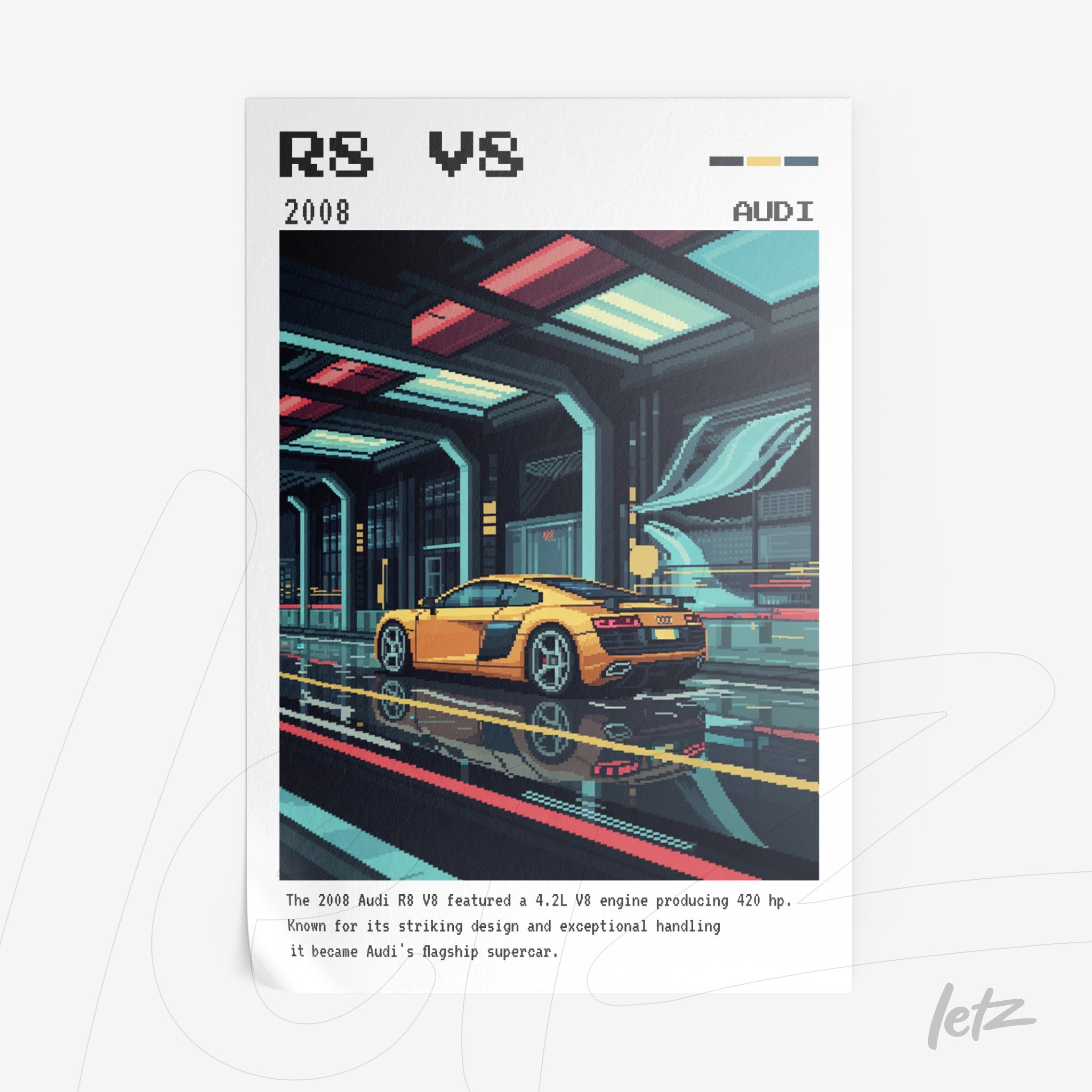 quadro em estilo pixel art do carro Audi R8 V8 de 2008 em um ambiente futurista