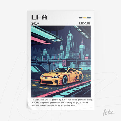 quadro com ilustração digital de carro esportivo amarelo Lexus LFA em cenário urbano futurista
