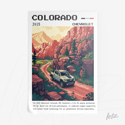 quadro com arte pixelada do modelo 2015 da caminhonete Chevrolet Colorado em uma estrada montanhosa
