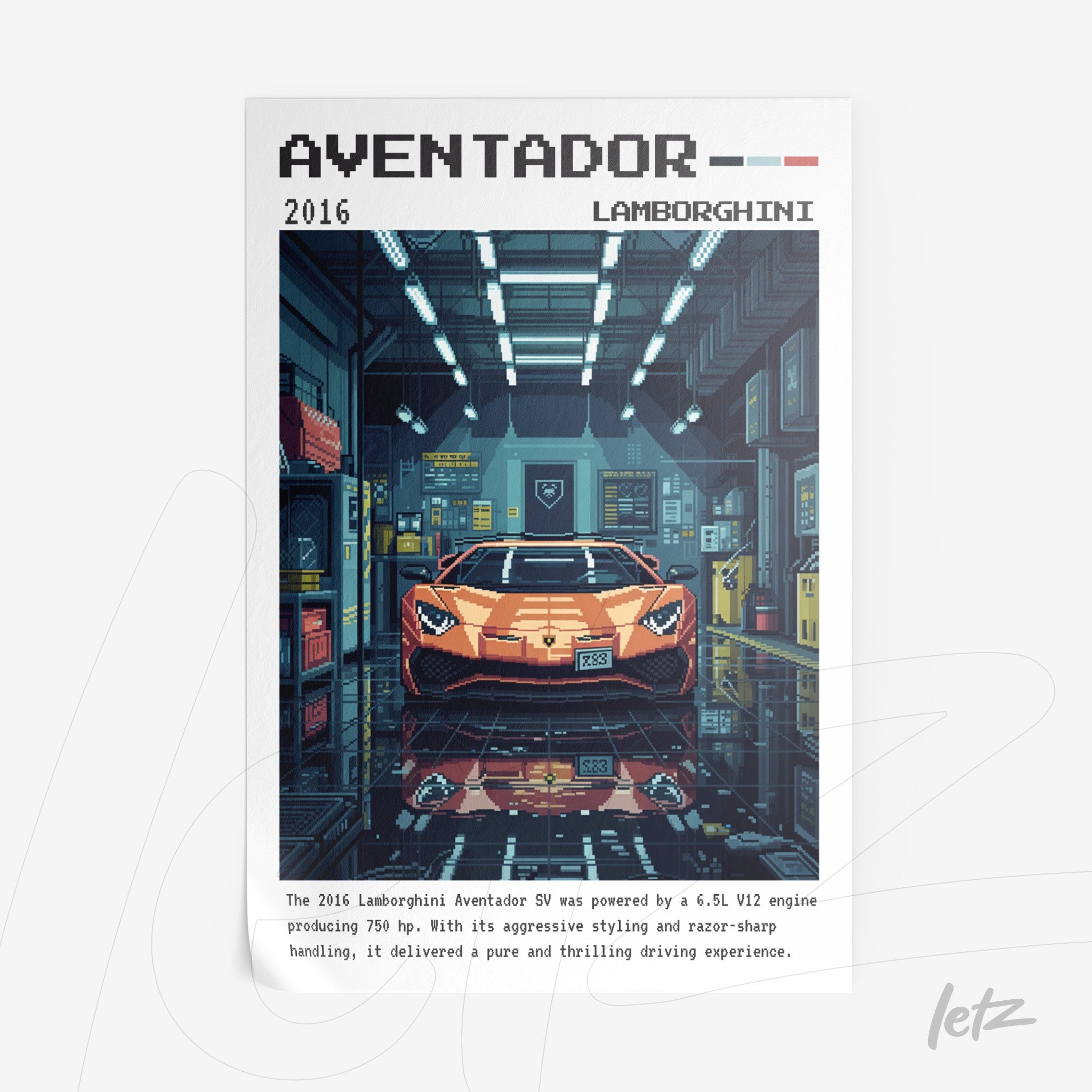 arte digital em estilo pixelado do carro Lamborghini Aventador em um ambiente de garagem com detalhes em azul e cinza