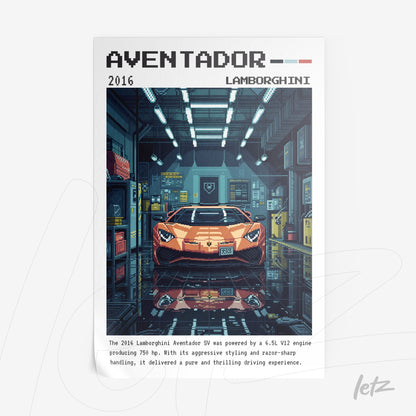 arte digital em estilo pixelado do carro Lamborghini Aventador em um ambiente de garagem com detalhes em azul e cinza
