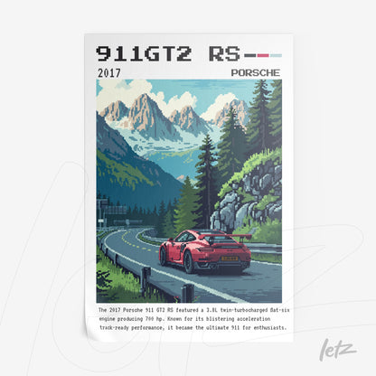 quadro com arte pixelada de um Porsche 911 GT2 RS em uma estrada montanhosa com árvores ao fundo