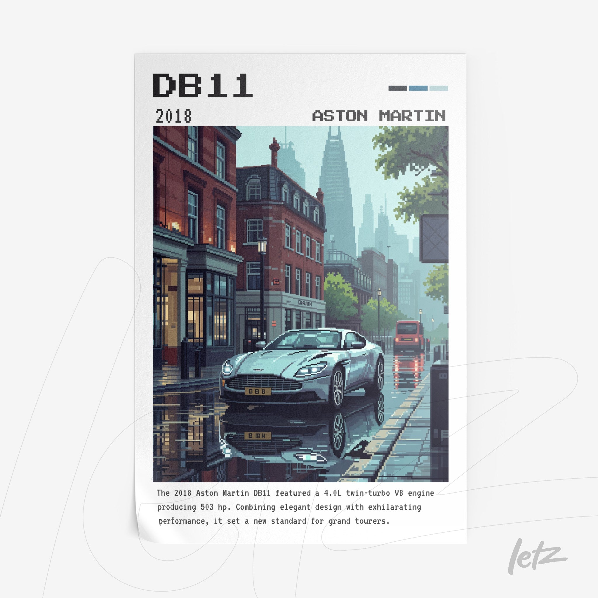 arte digital de um carro Aston Martin DB11 em estilo pixelado com fundo de cidade chuvosa
