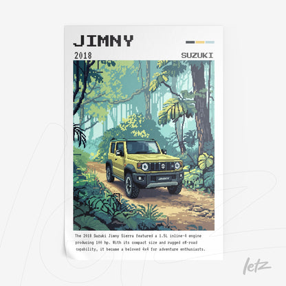 quadro com arte pixelada de um carro Suzuki Jimny 2018 em uma floresta tropical