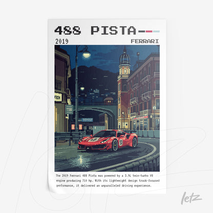 quadro com arte retro do carro Ferrari 488 Pista em uma cidade à noite, com detalhes pixelados e moldura branca