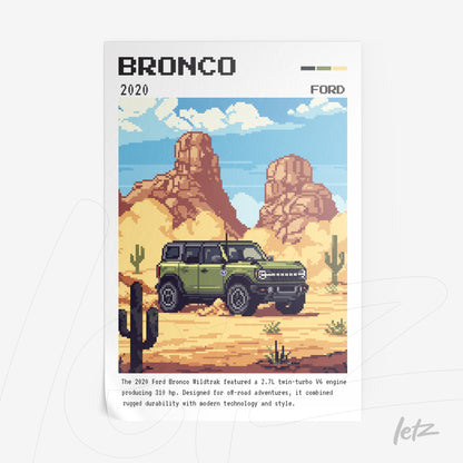 quadro com arte pixelada do Ford Bronco verde sobre fundo desértico com cactos e montanhas