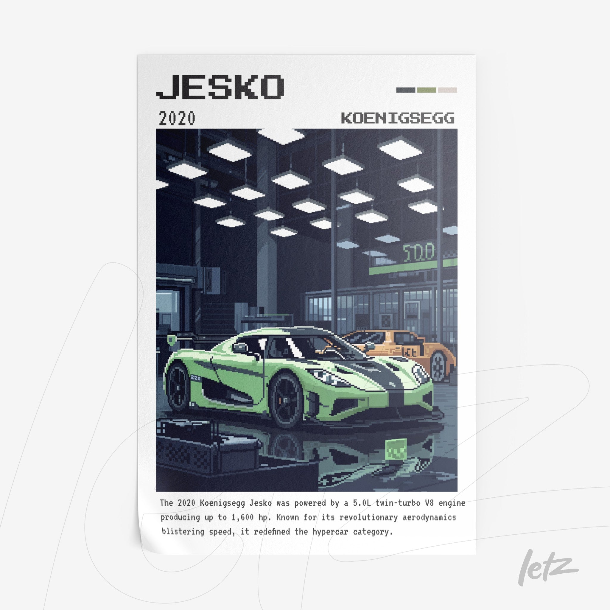 pôster com arte pixelada do carro Koenigsegg Jesko em ambiente moderno com fundo escuro