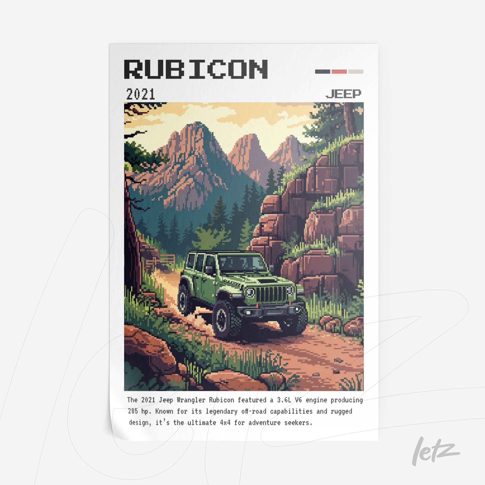 quadro com arte pixelada de um Jeep Rubicon em uma trilha montanhosa com fundo de montanhas e árvores