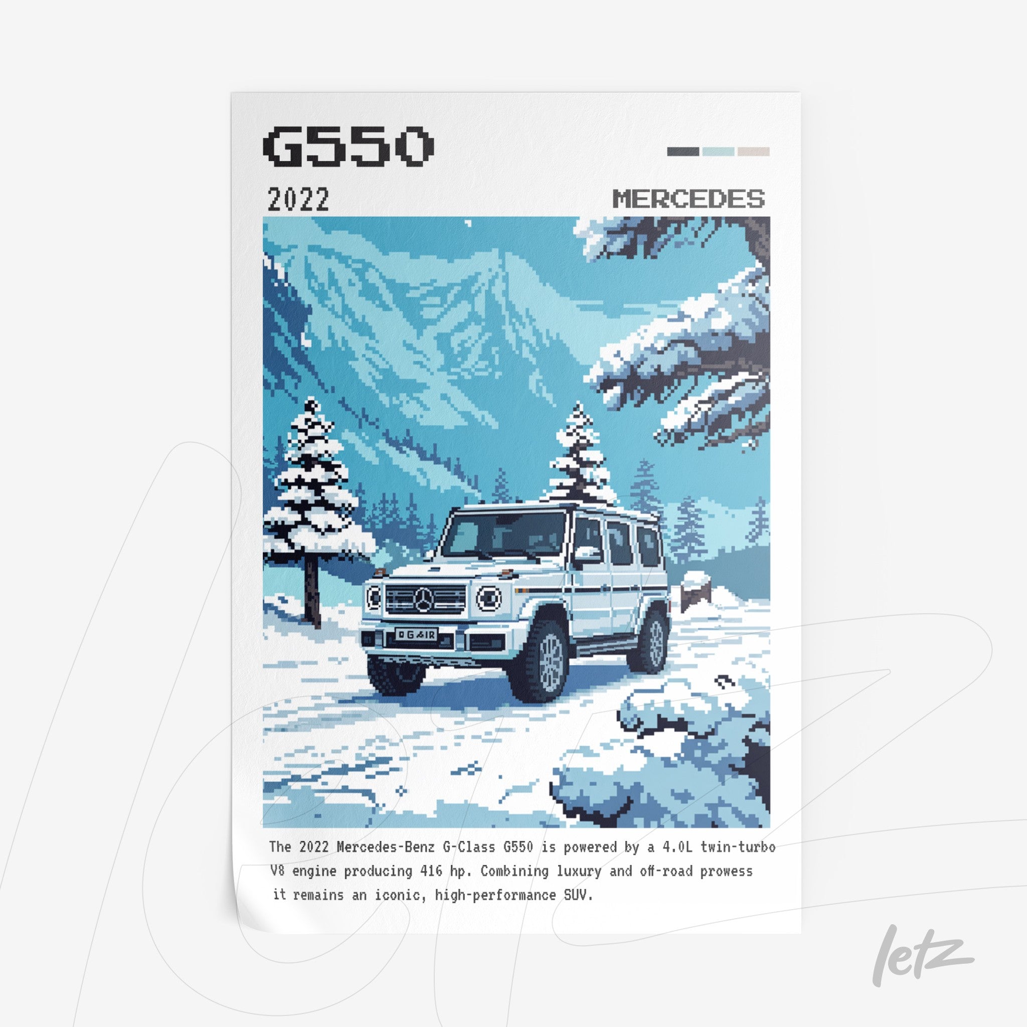 arte digital em estilo pixelado de um Mercedes-Benz G-Class G550 2022 sobre fundo montanhoso com árvores nevadas