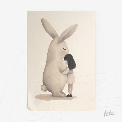quadro com ilustração de menina abraçando coelho gigante em fundo claro