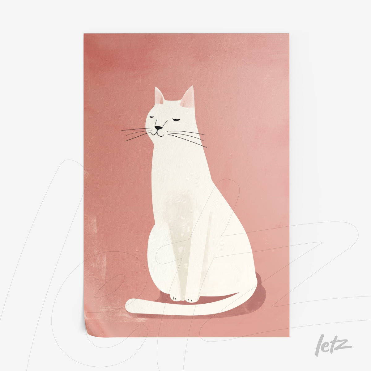 quadro com ilustração minimalista de gato branco sentado sobre fundo rosa suave
