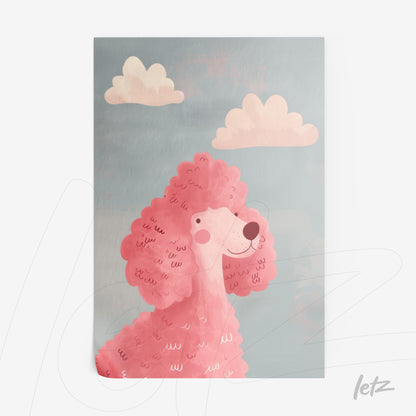quadro com ilustração de um poodle rosa sorridente em fundo azul com nuvens claras
