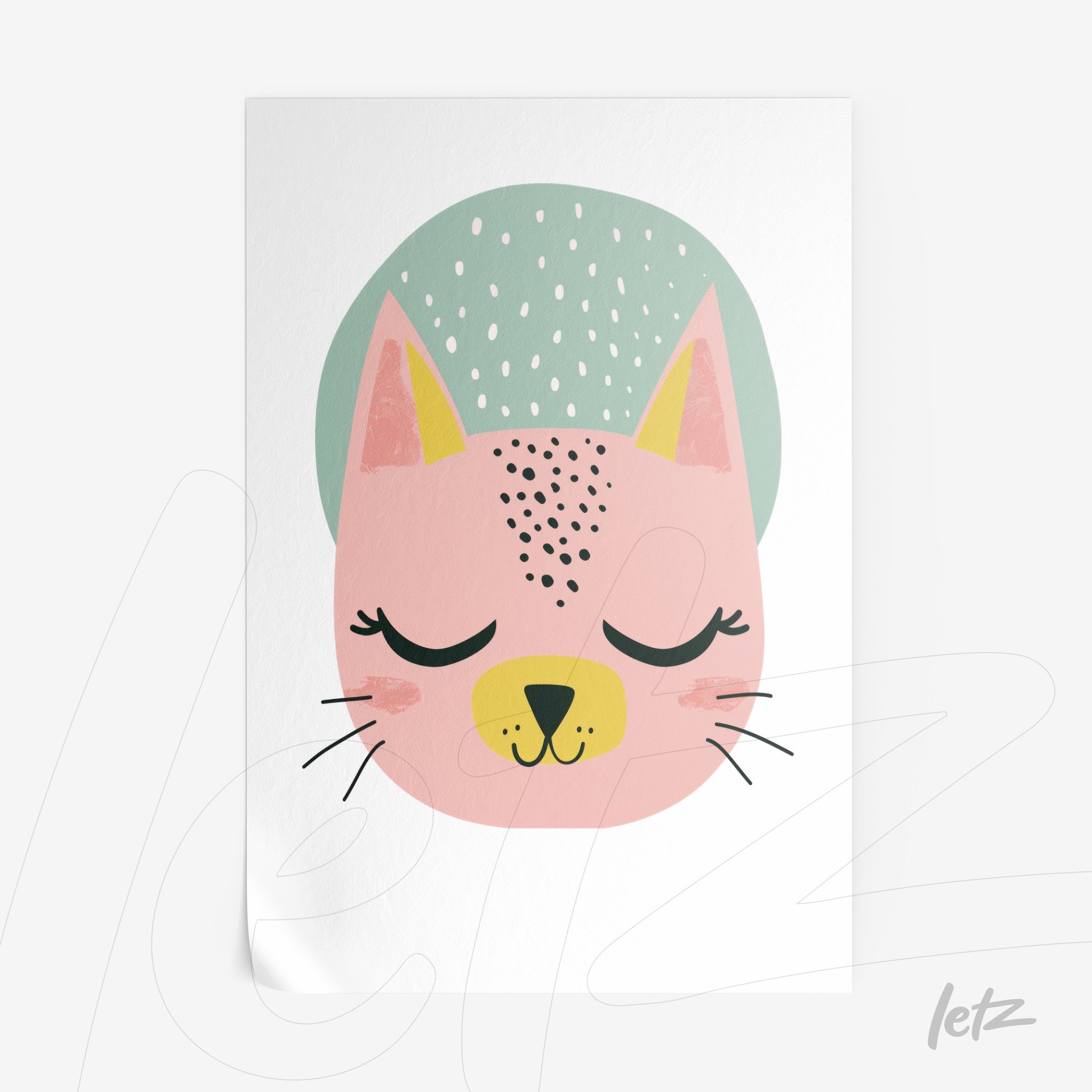 quadro com ilustração de um gato rosa com traços minimalistas e fundo pastel verde
