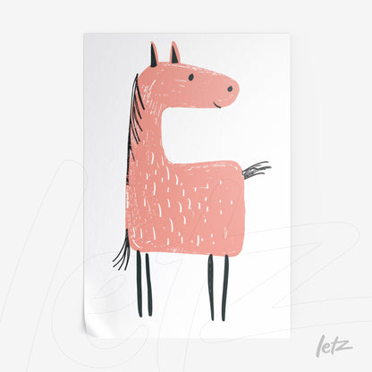 quadro com ilustração divertida de um cavalo rosa em fundo branco