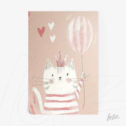quadro com arte infantil de um gato divertido segurando um balão, fundo rosa claro com corações