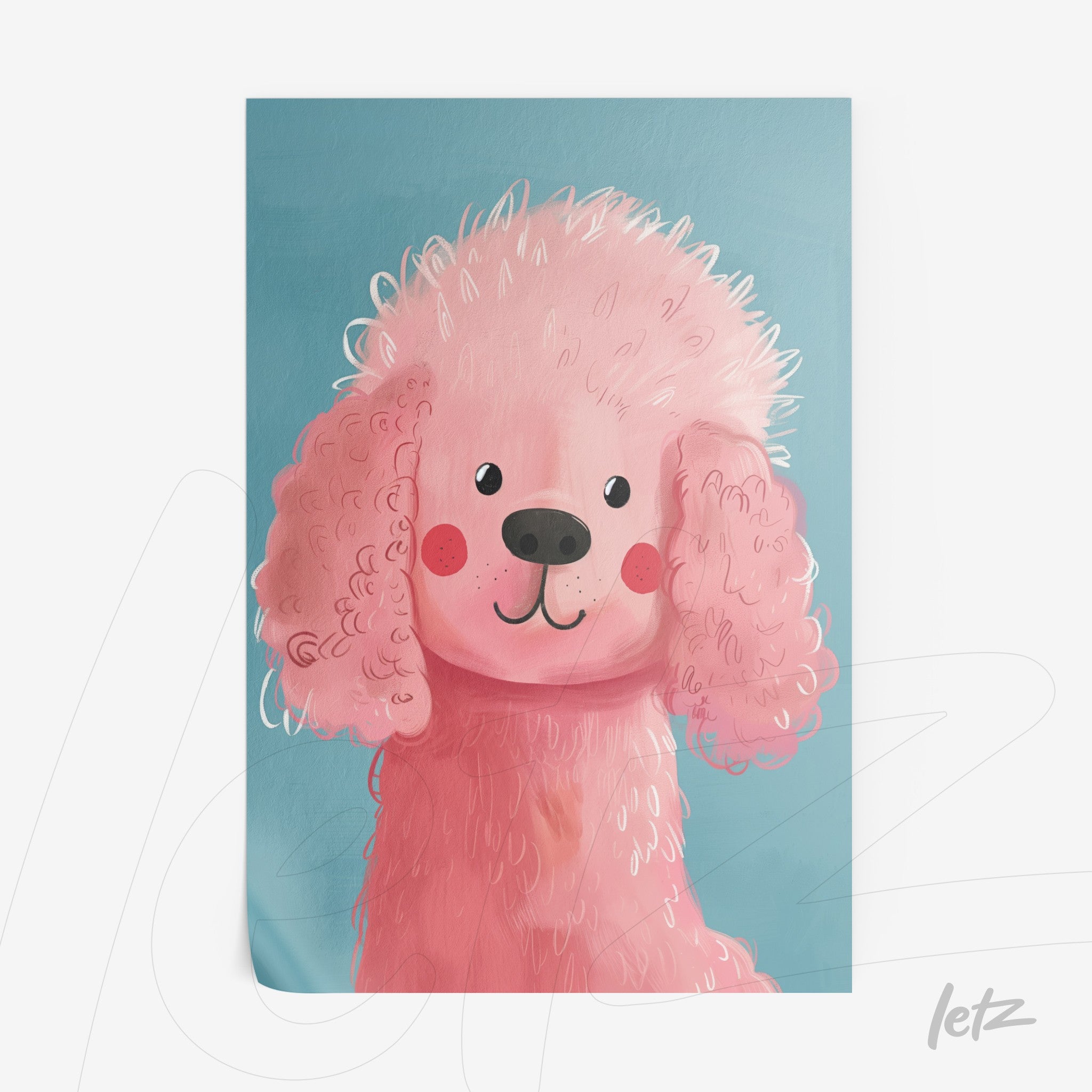 quadro com ilustração divertida de um cachorro poodle rosa em fundo azul