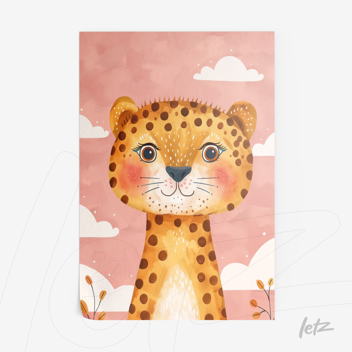 quadro de arte infantil com leopardo sorridente em fundo rosa e nuvens brancas