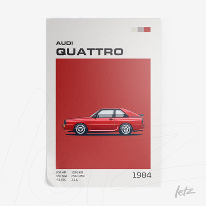 quadro com ilustração digital do carro Audi Quattro de 1984 em fundo vermelho com detalhes gráficos
