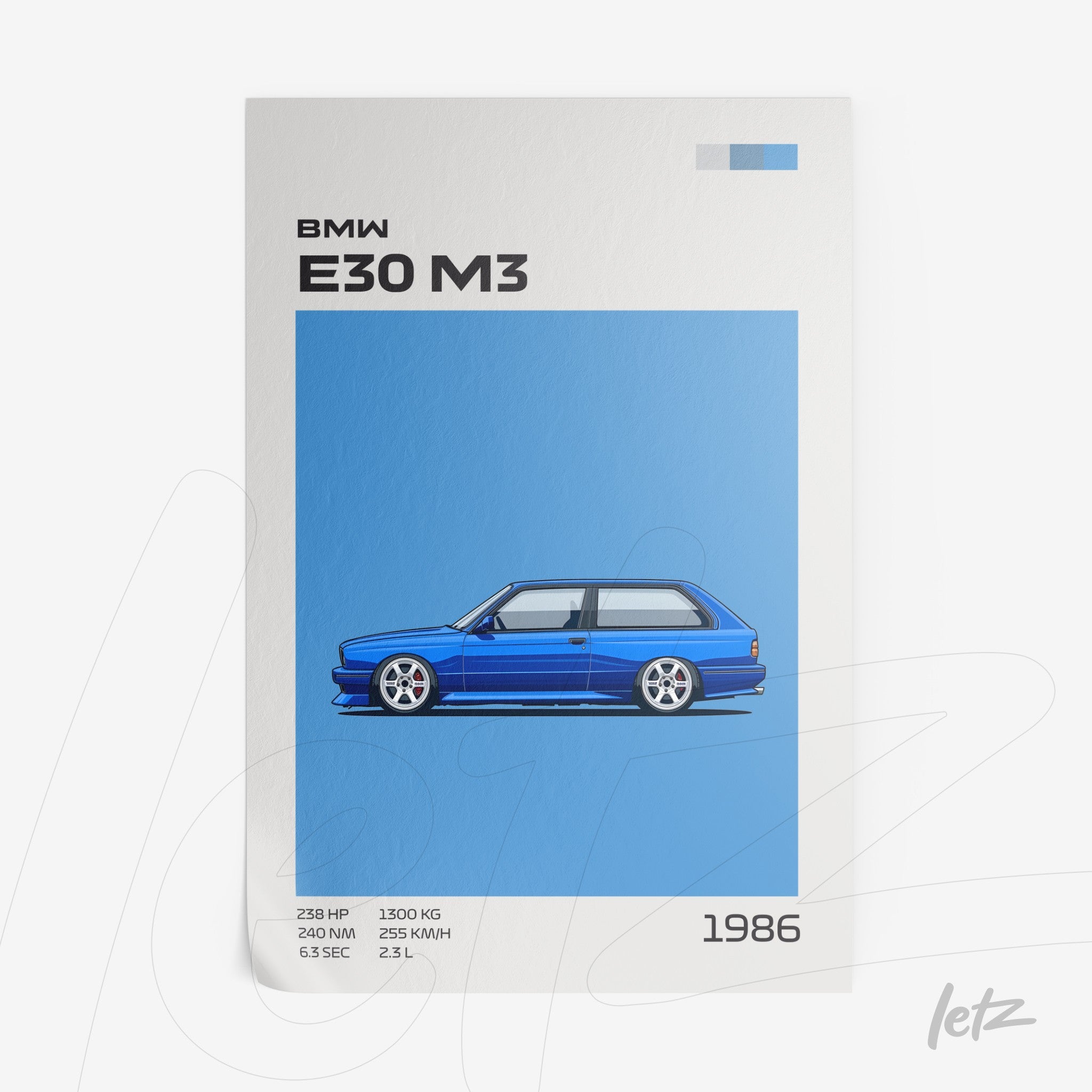 quadro com ilustração digital do carro BMW E30 M3 em fundo azul claro