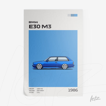 quadro com ilustração digital do carro BMW E30 M3 em fundo azul claro