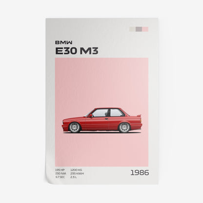 quadro com ilustração digital de um BMW E30 M3 vermelho em fundo rosa claro, com detalhes técnicos na parte inferior