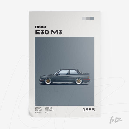 quadro com ilustração do carro BMW E30 M3 em estilo minimalista com fundo cinza