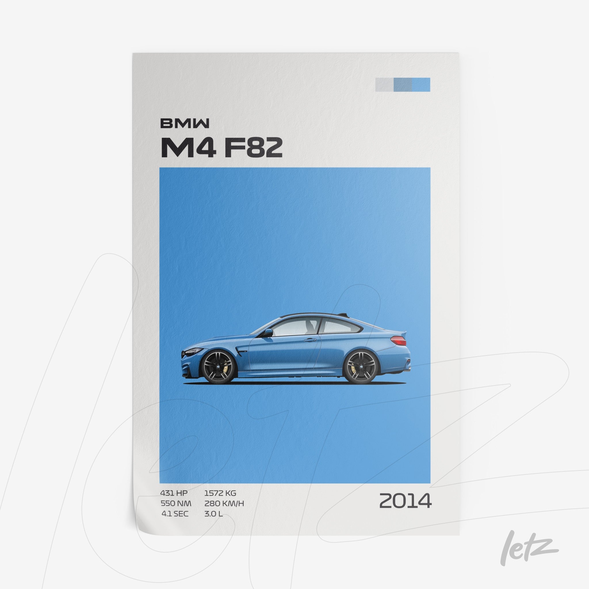quadro com ilustração do carro BMW M4 F82 em fundo azul claro