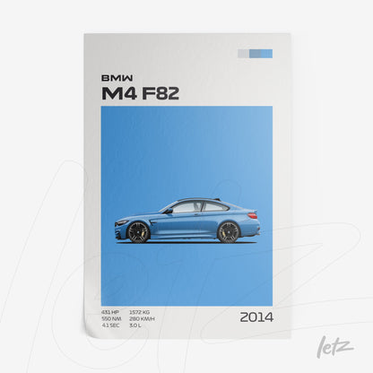 quadro com ilustração do carro BMW M4 F82 em fundo azul claro