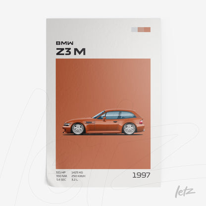 quadro com ilustração de um BMW Z3 M de 1997 em fundo laranja com detalhes em branco