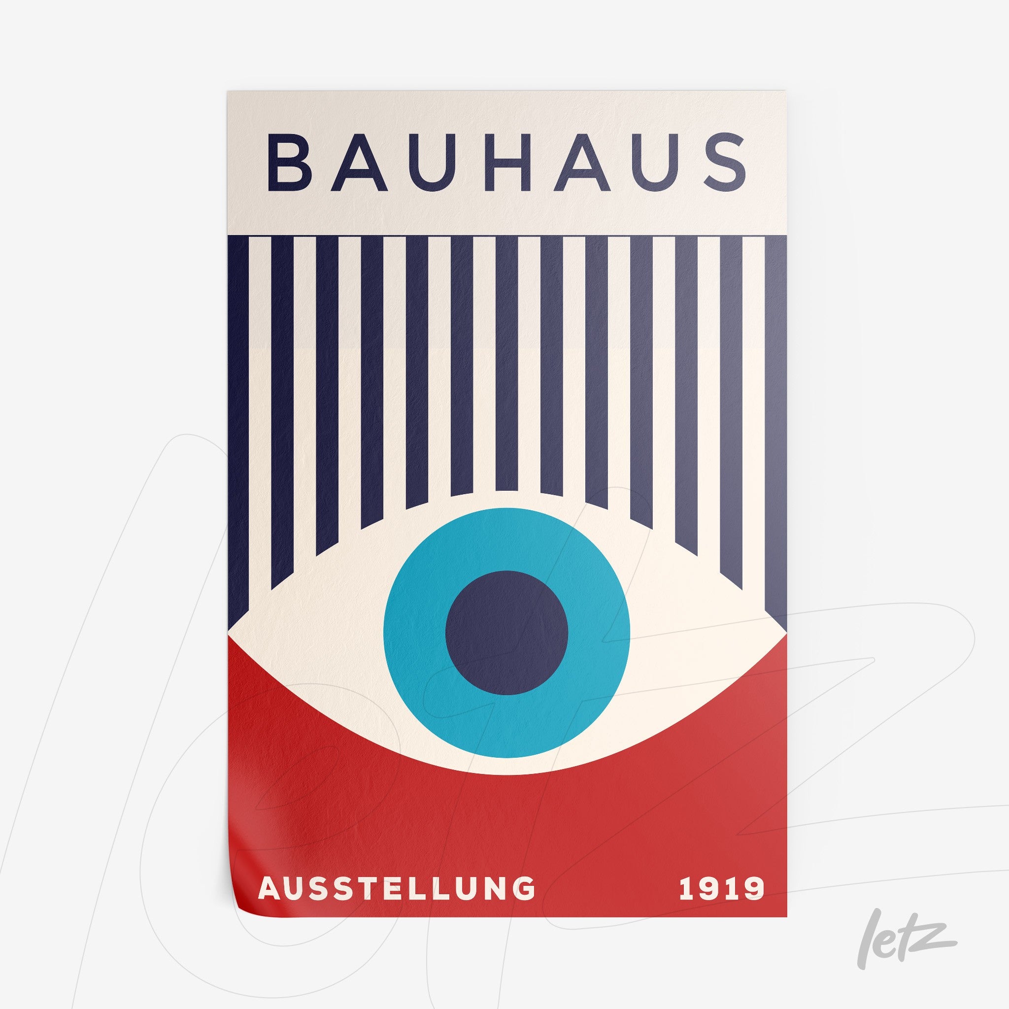 pôster com design abstrato estilo Bauhaus em fundo branco com olho azul e texto em vermelho