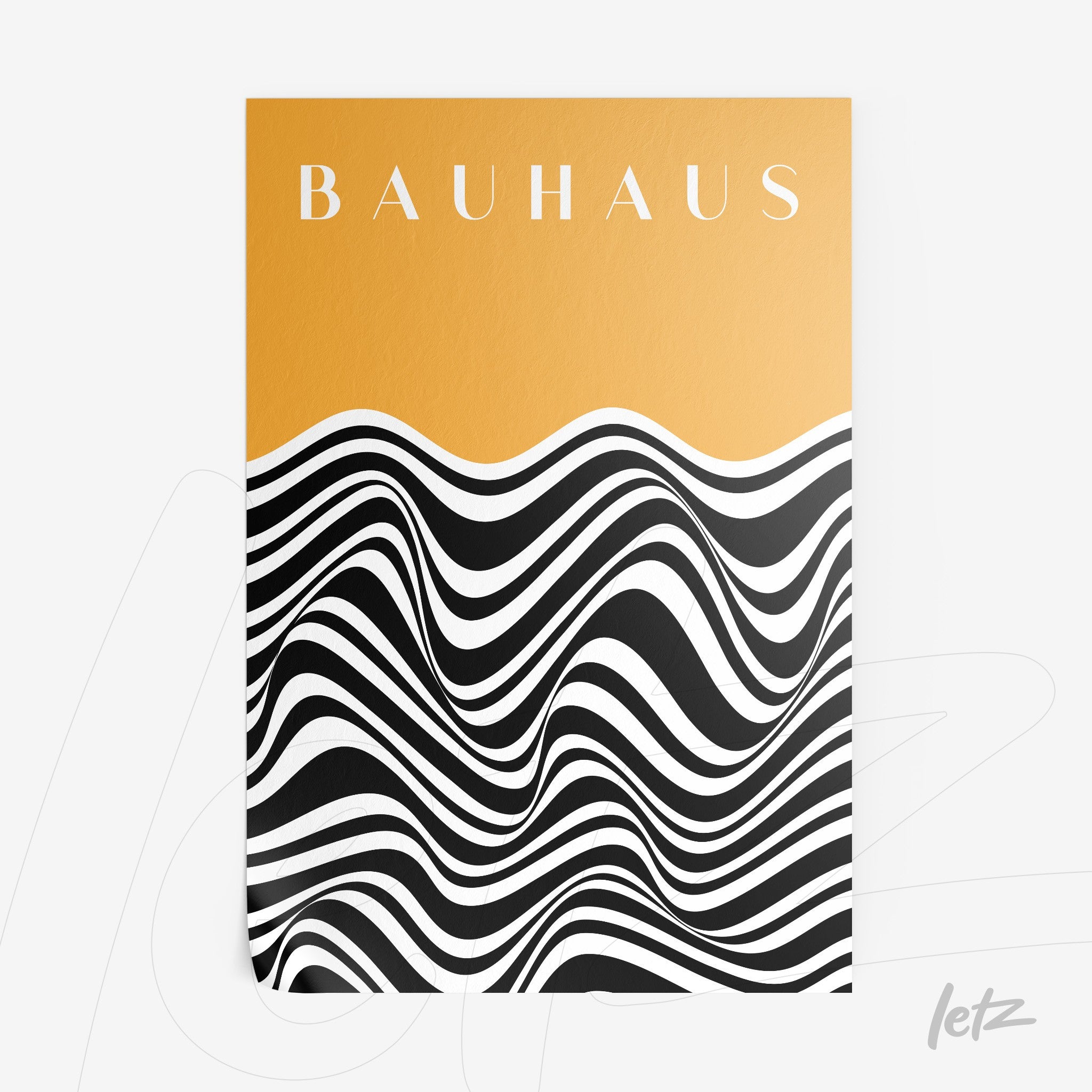pôster com design de influência Bauhaus com padrão de ondas pretas e brancas em fundo laranja vibrante