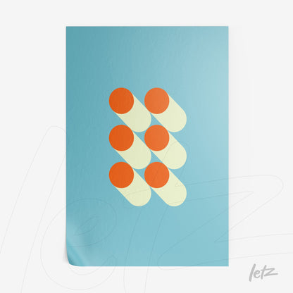 pôster com design minimalista de círculos laranja sobre fundo azul claro