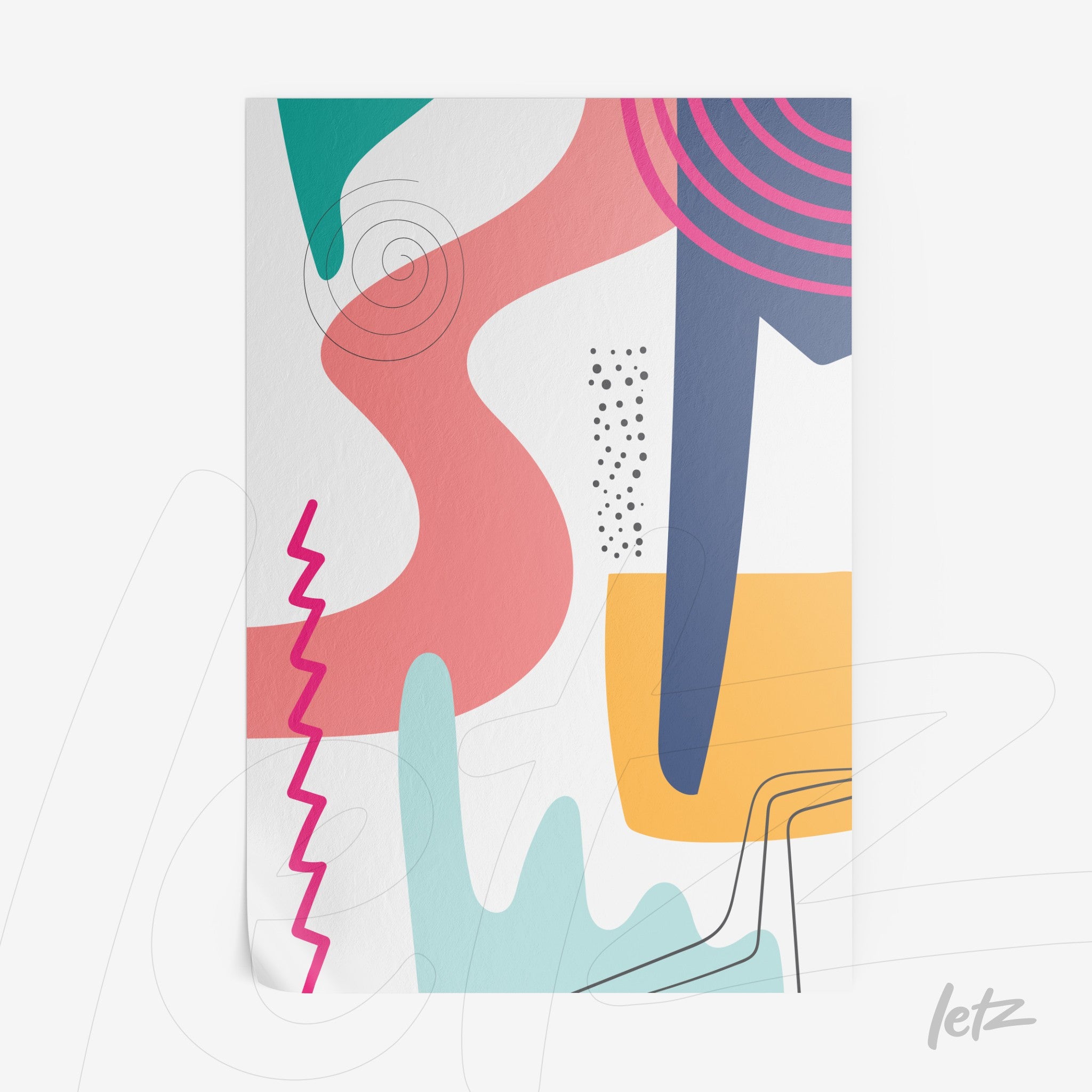 pôster impresso com arte geométrica abstrata em tons de azul, rosa e amarelo sobre fundo branco